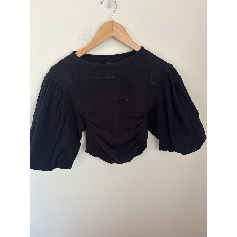 Freeβ People Black Puff Sleeve Ruched Crop Top XS Slub Knit Balloon Sleeve Boho